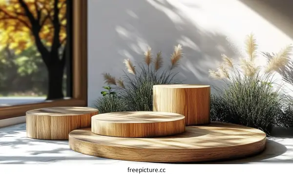 Wooden Display Platforms with Autumnal Background