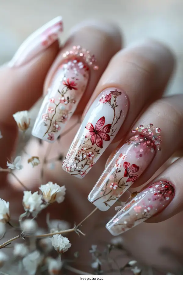 Delicate floral nail art design with pink and white flowers