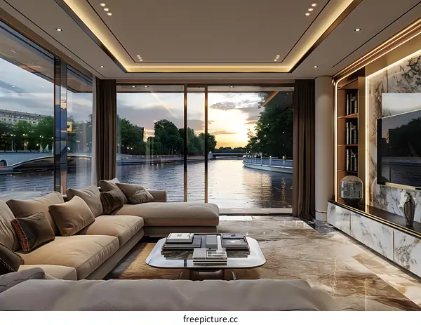 The living room has a large window with a view of the river.