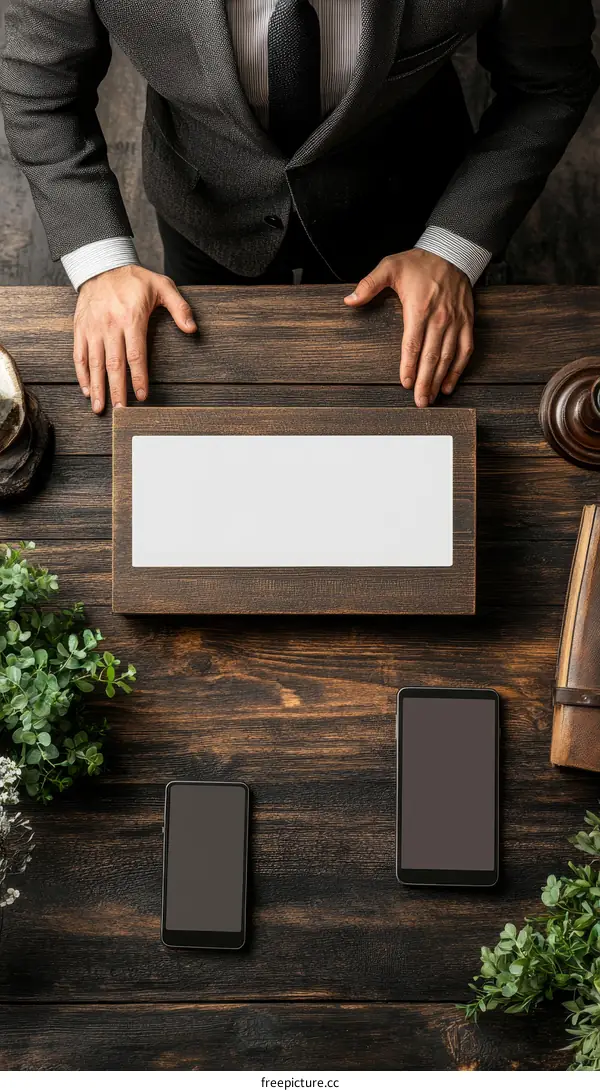 Businessman at Wooden Desk with Blank Frame and Phones