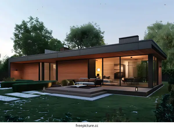 Modern House Design With Large Windows And A Patio