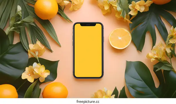 Summer Tropical Background with Smartphone and Oranges