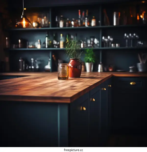 kitchen island with rosemary plant in a vase and glass jar