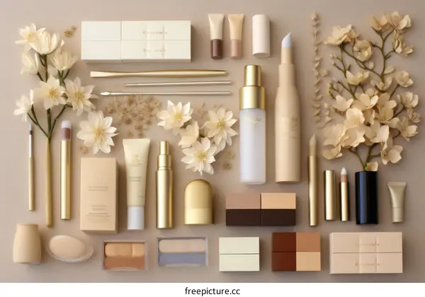 An array of makeup products including lipsticks, eyeshadows, blush, and brushes are arranged on a beige background with cream and white flowers.