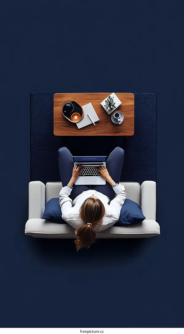 Woman Working on Laptop on Sofa Top View