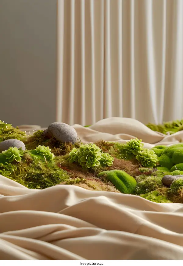 Close Up Of Green Moss And Succulents On Beige Fabric Background