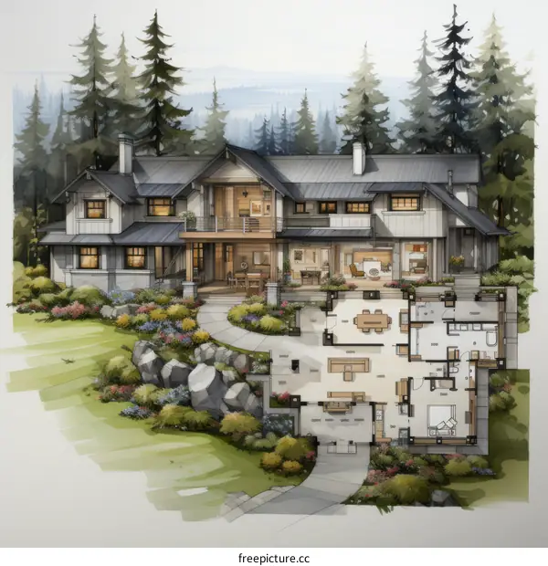 house plan of a modern house with a beautiful landscape