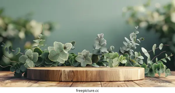 Close-up of eucalyptus leaves on a wooden table