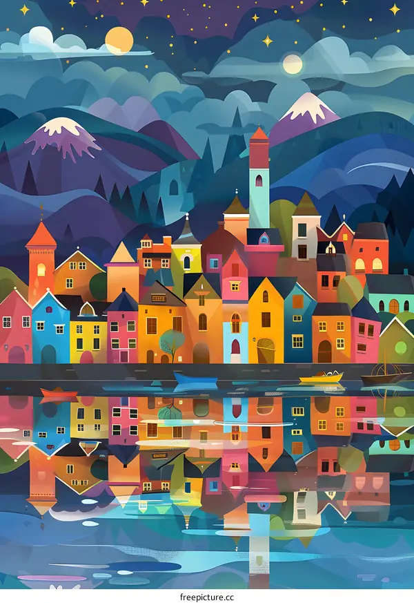 Night View of a Colorful Town with Reflection in Water