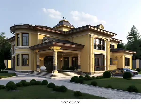 Modern Yellow House with Columns and a Paved Driveway