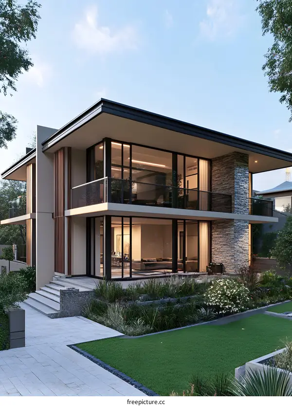 Modern Two Story House with Large Windows and Stone Wall