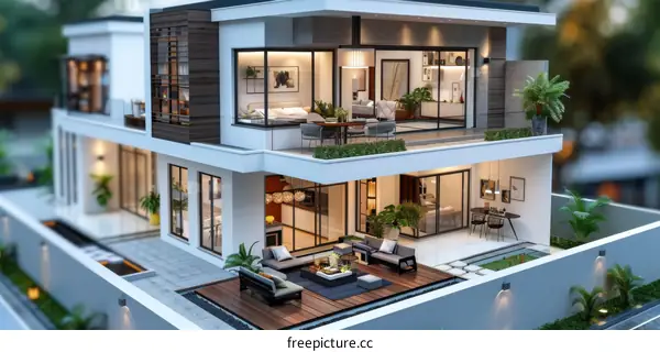 A modern two-story house with a pool and a garden