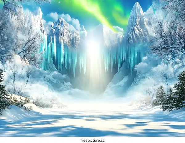 Winter Wonderland Scene With Mountains And Aurora Borealis