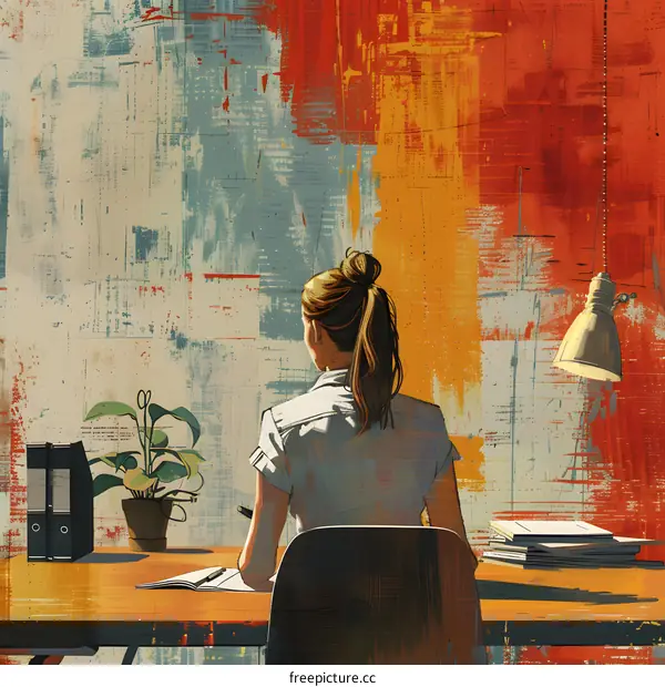A woman is sitting at a desk in front of a colorful wall.