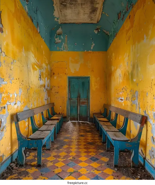 Deserted Waiting Room with Yellow Walls