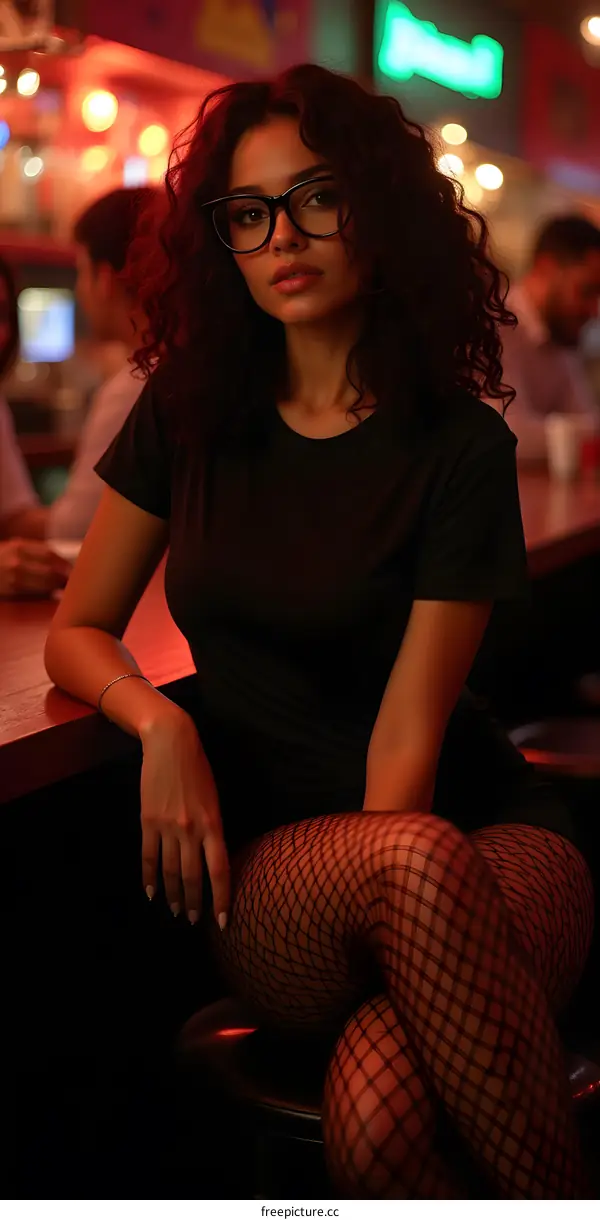 Portrait of a Young Woman in a Bar Wearing Glasses and Fishnet Tights