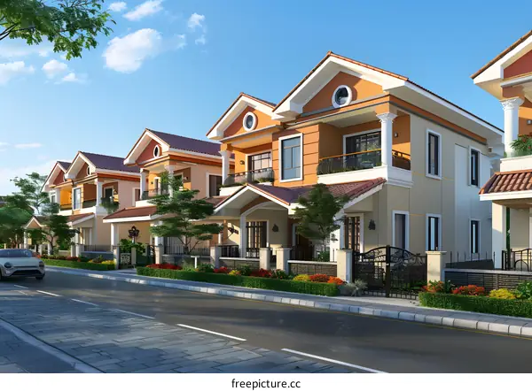 Row of Modern Townhouses with Front Yard Landscaping