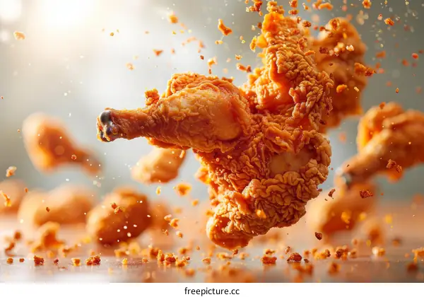 Crispy Fried Chicken Pieces in Mid-Air