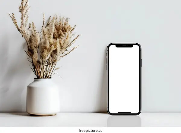 Minimalist White Background with Phone and Vase