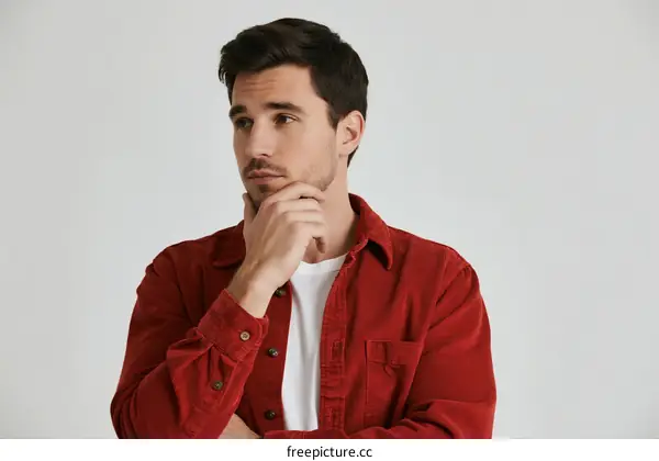 Thoughtful man in red shirt with hand on chin looking pensive