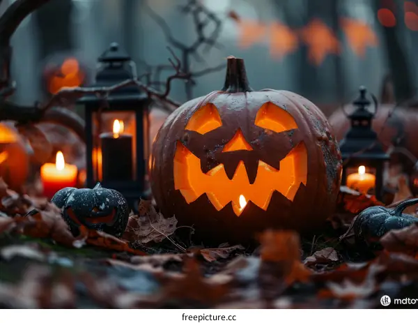 Spooky Halloween Pumpkin in the Dark Forest