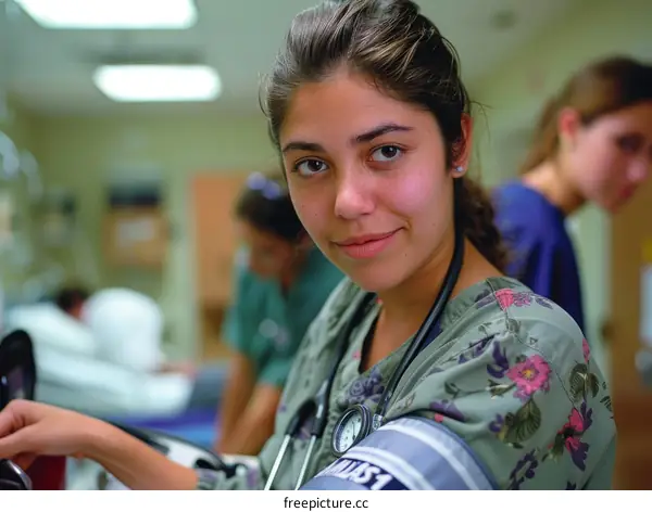 Hispanic female nurse taking blood pressure