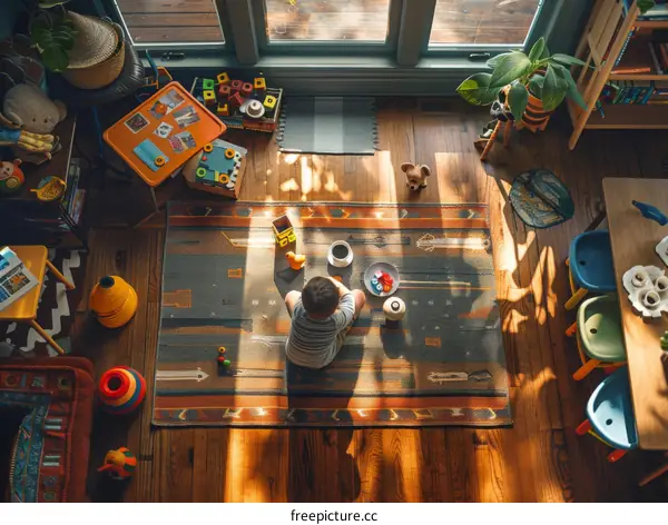 Toddler playing with toys on the floor in a sunny room