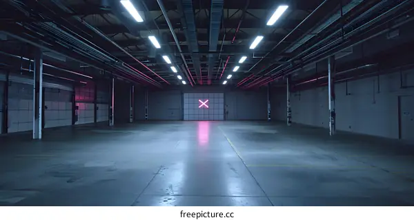 Industrial Warehouse With Neon Lights And X Mark