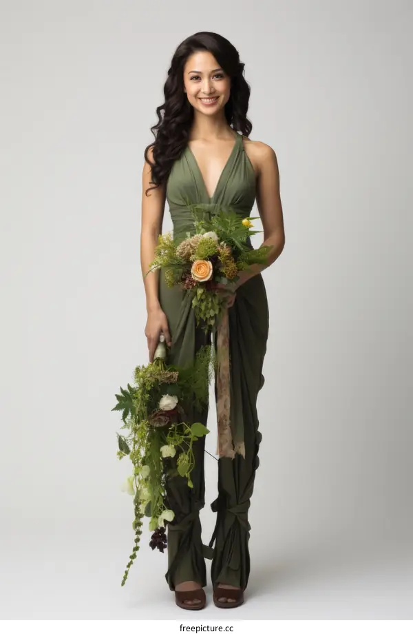 A woman in a green dress is holding a bouquet of flowers.