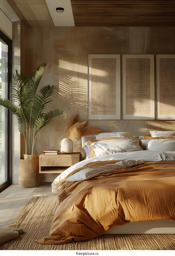 A bedroom with a brown bed and three rattan decorative paintings