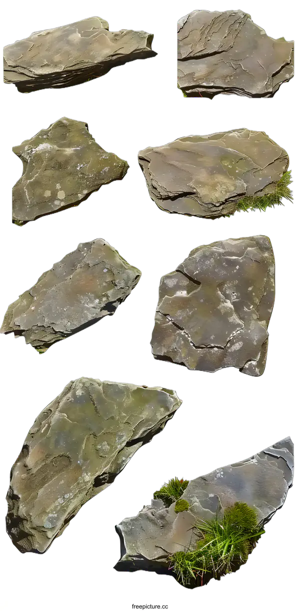 [Transparent Background PNG]Collection of Different Shaped Rocks with Green Moss