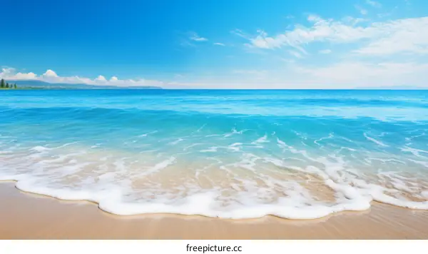 Waves Gently Lap at the Sandy Shore Under the Expanse of Blue Sky