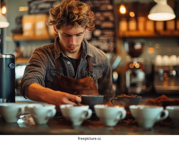 Focused barista preparing coffee cups in coffee shop