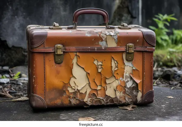 Vintage Brown Suitcase with Peeling Paint