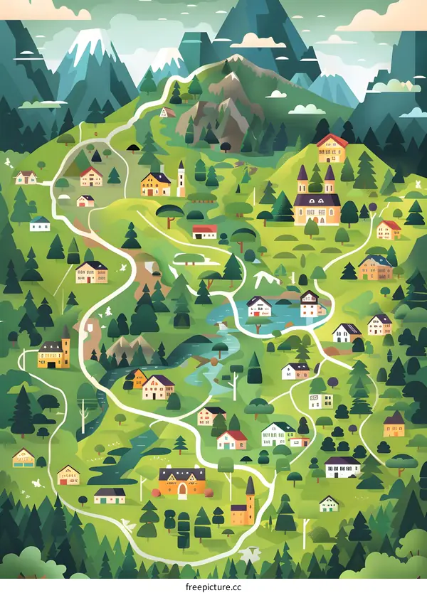 Beautiful Illustration of a Green Village in Mountains