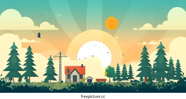 Sunrise in the Forest with a Small House and a Bird