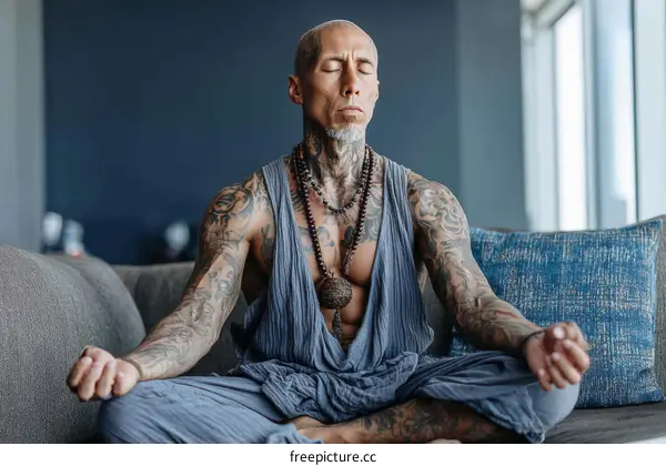 Tattooed Man in Meditation Pose on Sofa
