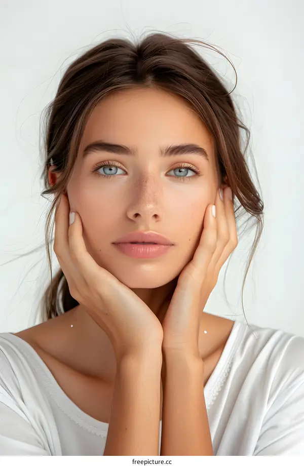 portrait of a young woman with freckles and blue eyes