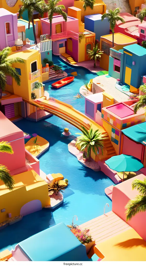 Colorful Cartoon Village With Water Canal