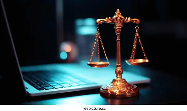 Golden Scales of Justice on Desk with Laptop
