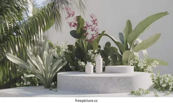 White Stone Podium Surrounded by Tropical Plants