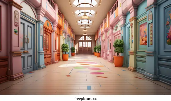 A Long Hallway with Colorful Doors