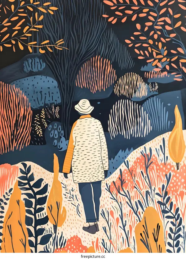 Woman Walking Through A Forest Illustration