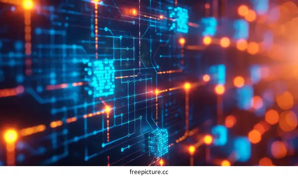 Blue and orange technology background with circuit board pattern