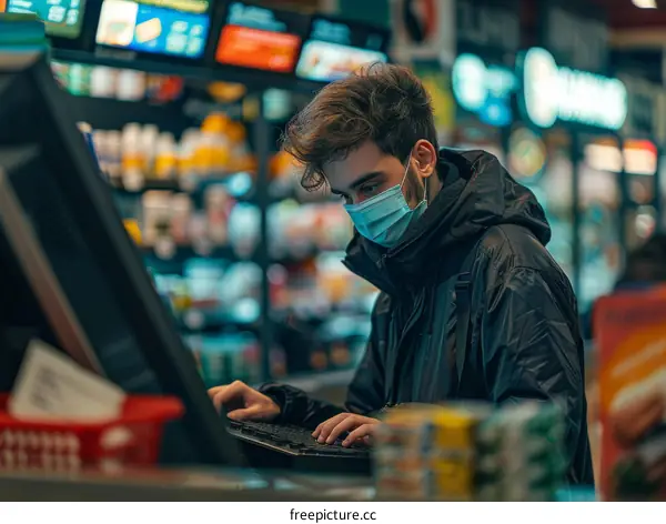 Young male wearing a mask using a self-checkout kiosk at a grocery store