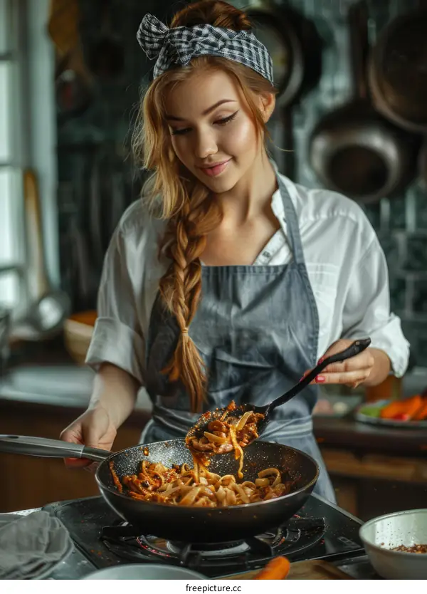 Young Woman Cooking Pasta in Rustic Kitchen