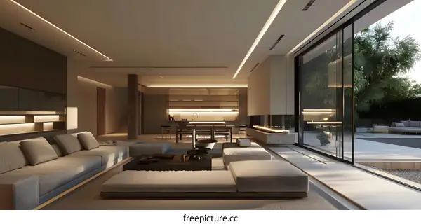 Modern Living Room Interior Design with Minimalist Furniture and Large Windows