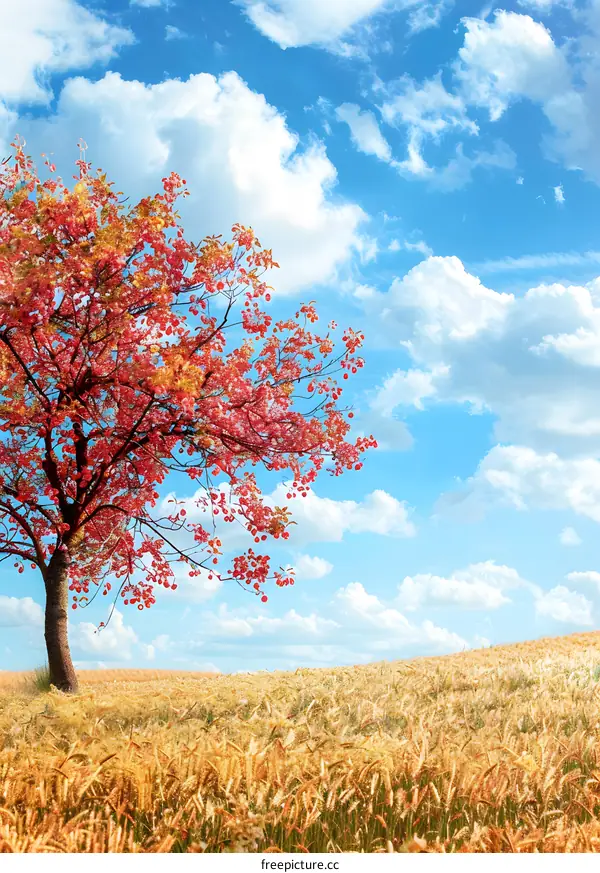 Red Tree in Golden Field Under Blue Sky