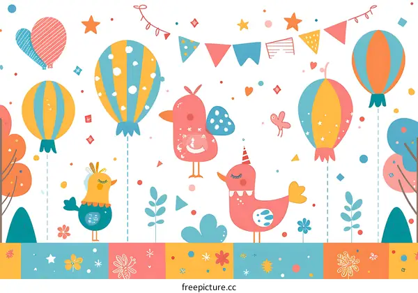 Cute Cartoon Illustration of Birds and Balloons Party
