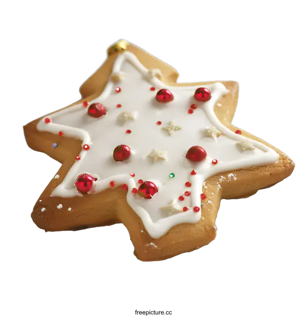 [Transparent Background PNG]Star Shaped Gingerbread Cookie Decorated With White Icing Red And Gold Sprinkles